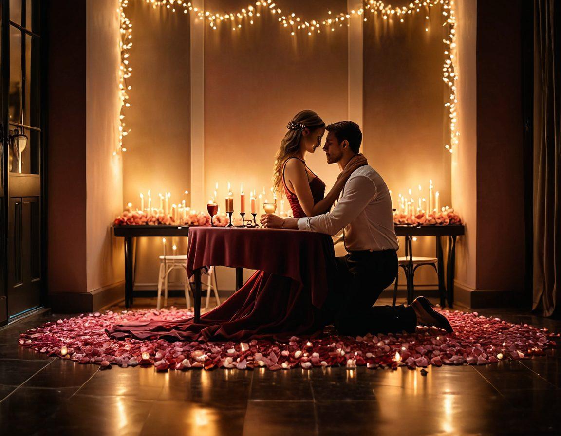 A couple embracing in a candlelit setting, surrounded by soft rose petals and twinkling fairy lights, their eyes locked in a deep gaze conveying intimacy and romance. A subtle background featuring a cozy café with warm colors, enhancing the atmosphere of companionship. Include details like a glass of red wine on a small table to accentuate the romantic engagement theme. super-realistic. warm tones. soft focus.