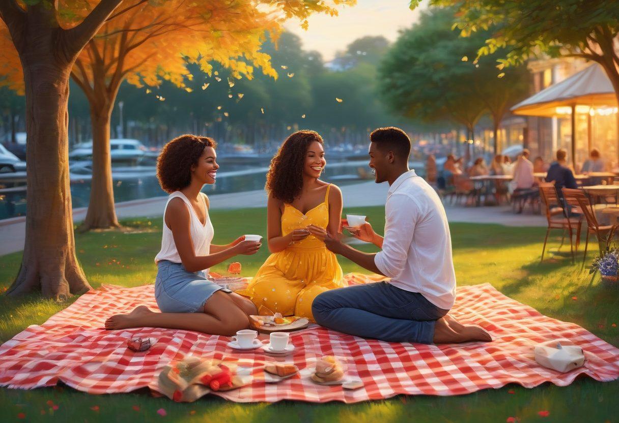 A whimsical representation of modern courtship, featuring a diverse group of couples engaged in various romantic activities, such as a picnic in a city park, sharing laughter over coffee, and a sunset beach walk. Include elements that symbolize connection like intertwined hands, glowing hearts, and butterflies. The scene should evoke warmth and intimacy amidst a vibrant urban backdrop. bright colors. illustration.