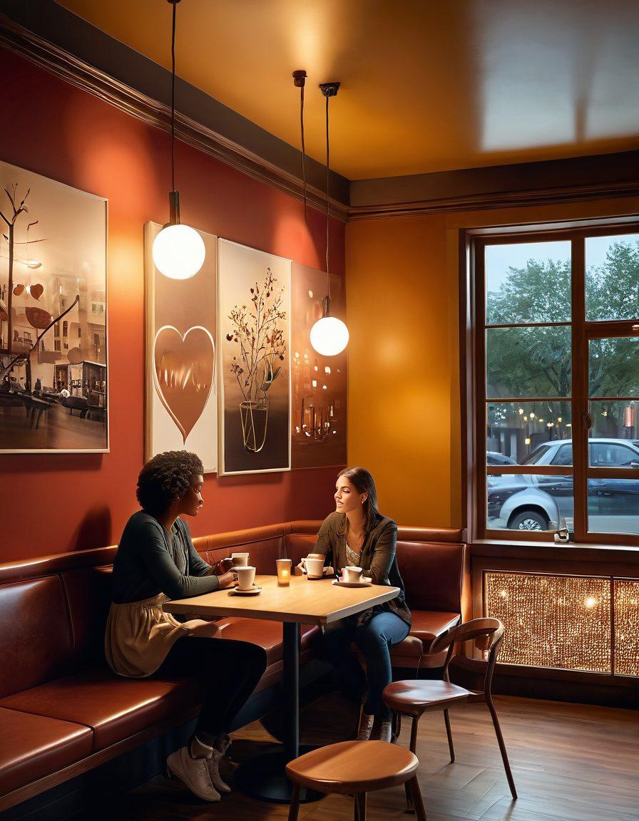A warm, inviting scene of two adults sitting in a cozy café, engaged in deep conversation, surrounded by soft lighting and artistic décor. In the background, subtle hints of connections, such as hearts and interlinked circles, symbolize the journey from flirtation to deep bonding. The atmosphere should feel intimate and genuine. super-realistic. warm colors. cozy ambiance.